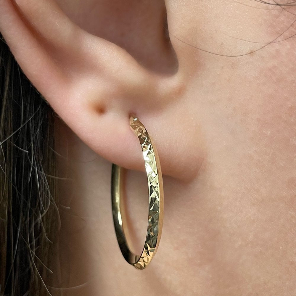 Italian 14K Yellow Gold Bright Shine Hammered Pinched Small Hollow Hoop Earrings