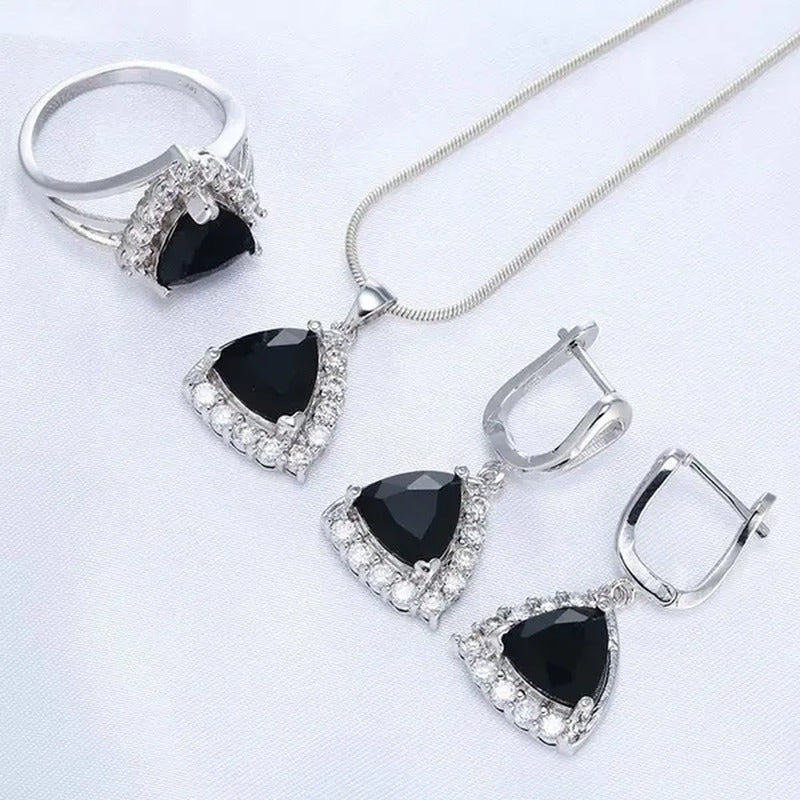 Fashion Women Black Onyx Soild Natural Diamond Ring Earrings Necklace Bridal Jew