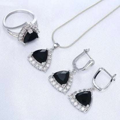 Fashion Women Black Onyx Soild Natural Diamond Ring Earrings Necklace Bridal Jew
