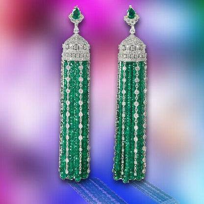 Emerald and Diamond 18 k white Gold Tassel Earrings
