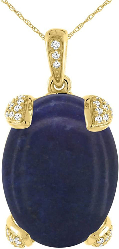 14K Yellow Gold Natural Lapis Necklace Oval 18X13 Mm with Diamond Accents