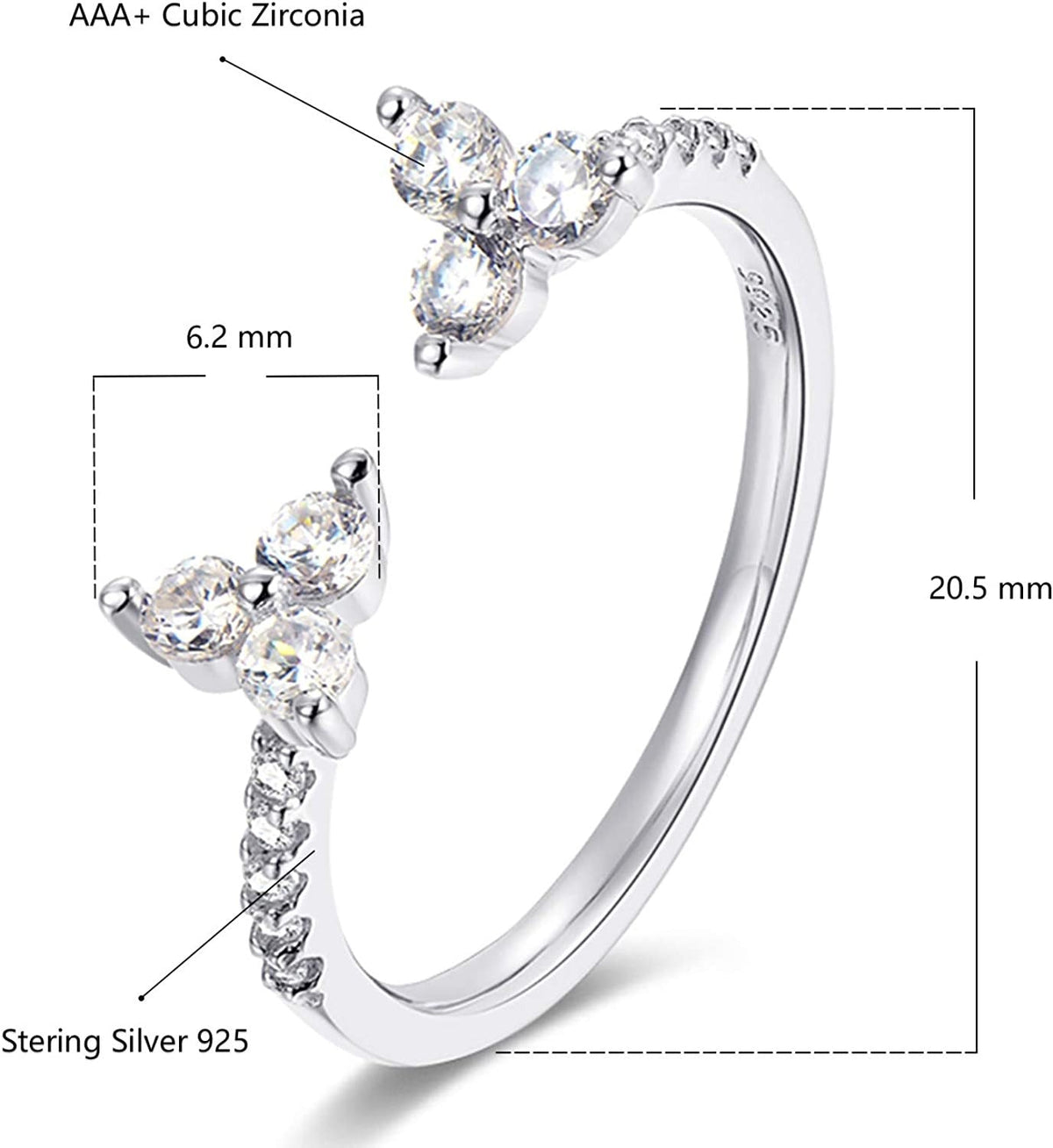 Womens Sterling Silver Rings Open Cluster Ring 18K Gold Plated