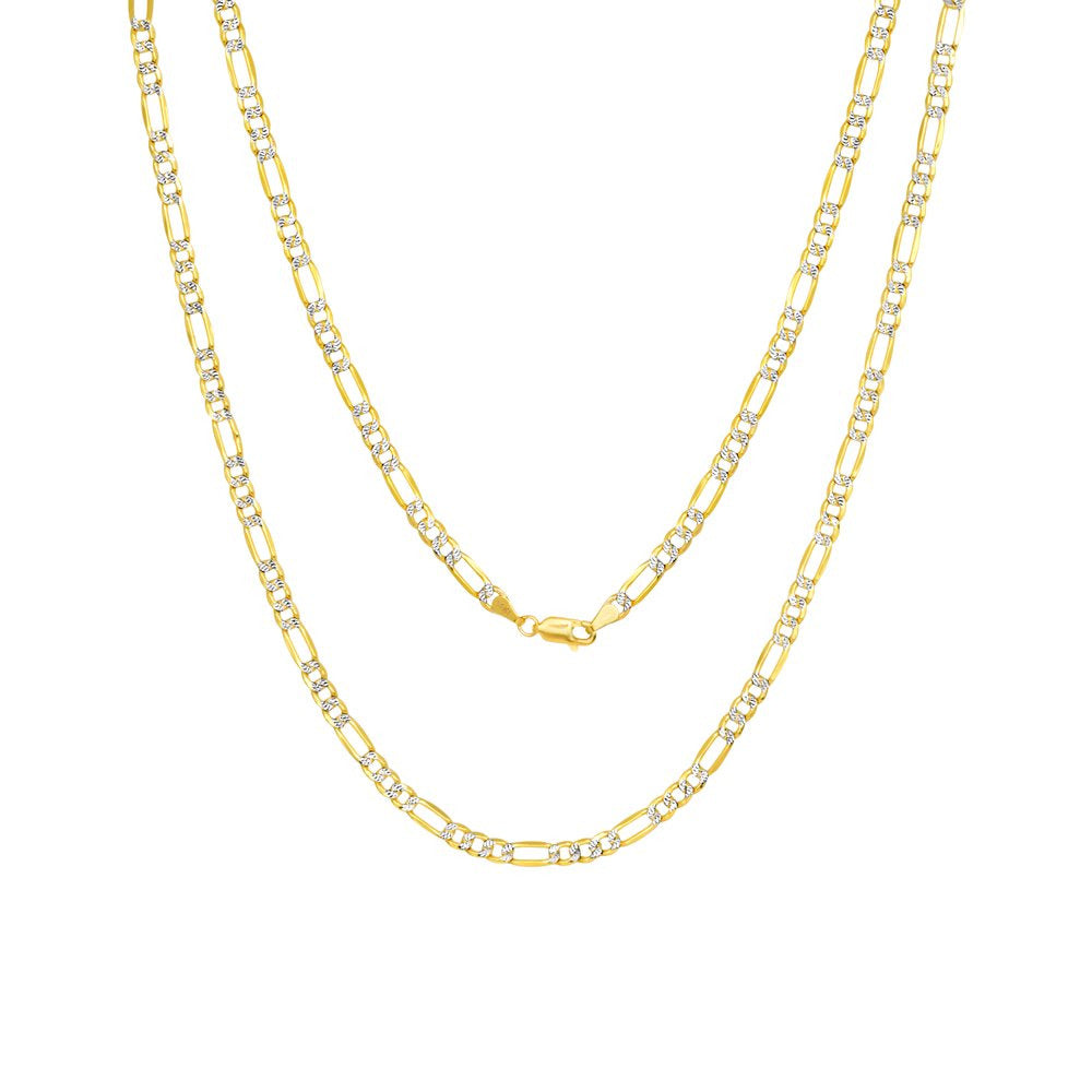 14K Yellow Gold 4.5Mm Figaro Chain Link Diamond Cut Pave Two Tone Bracelet, Mens