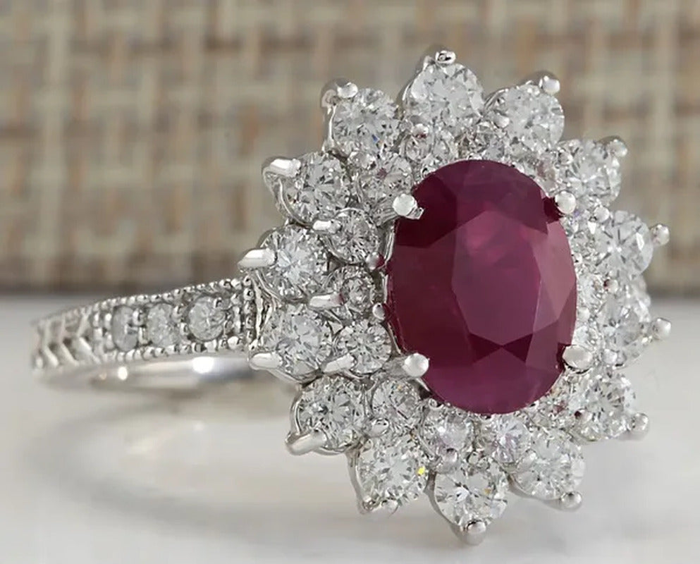 Noble Brand Jewelry Natural 5.86CT Red Ruby Gemstone 925 Sterling Silver Ring