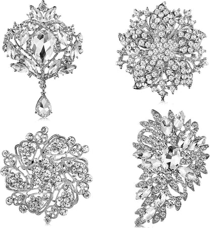 4 Pcs Women'S Rhinestone Brooches Set Flower Crystal Brooches Pins Vintage Weddi