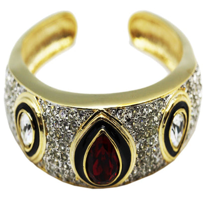 Embellished Golden Cuff Bracelet with Red & Clear White Rhinestone Diamonds