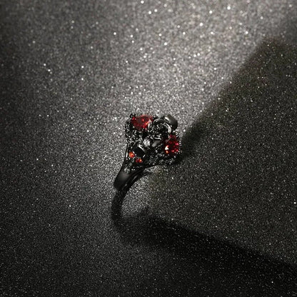 Rose Skull Ring Heart-Shaped Red Zircon Punk Ring Fashion Jewelry