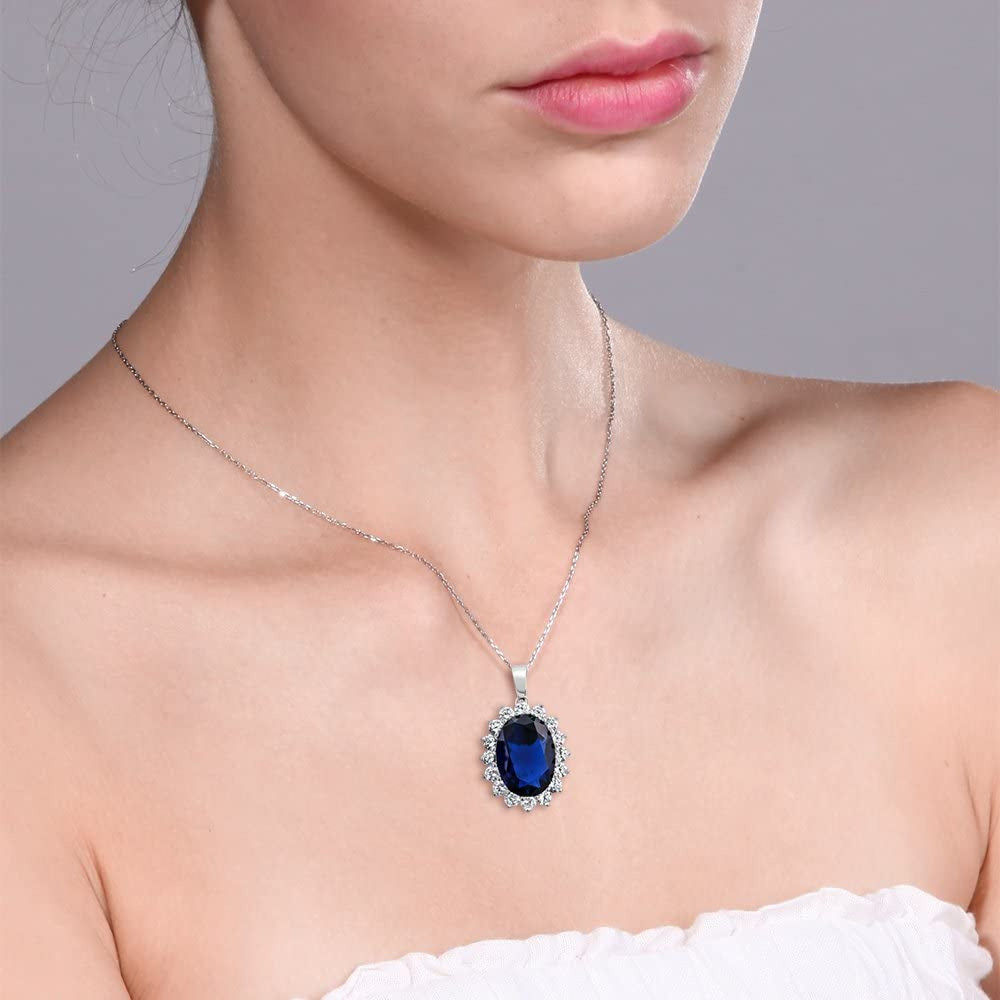 925 Sterling Silver Blue Simulated Sapphire Pendant Necklace for Women (13.00 Ct
