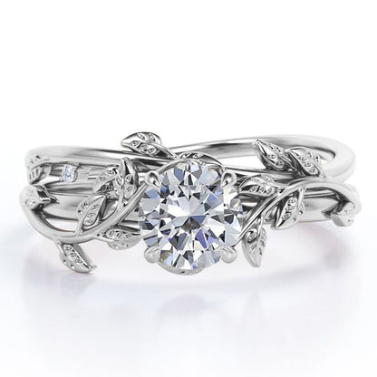 Half Carat round Real Diamond Bridal Set - Leaf and Vine Diamond Wedding Ring Se