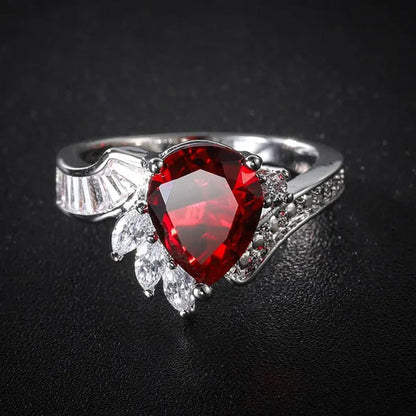New 925 Sterling Silver Fashion Natural Ruby Angel Teardrop Diamond Ring Engagem