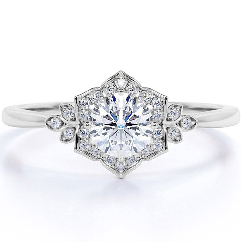 1.25 Carat round Cut Moissanite and Diamond Vintage Art-Deco Engagement Ring in
