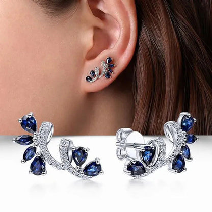Trendy Women Climbing Earrings 925 Sterling Silver Diamond Blue Sapphire Earring