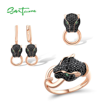 925 Sterling Silver Jewelry Set for Women Animal Black Leopard Panther Ring