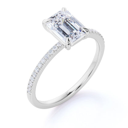 1.25 Carat Emerald Cut Moissanite and Diamond Pave Engagement Ring in 10K White