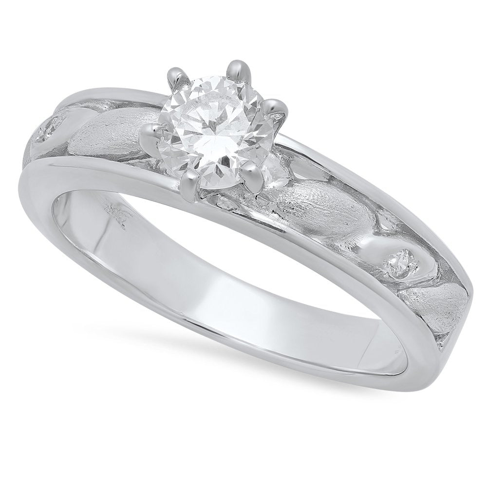 Round CZ Solitaire 4.1Mm Sterling Silver Italian Crafted Ellipse Inlay Engagemen