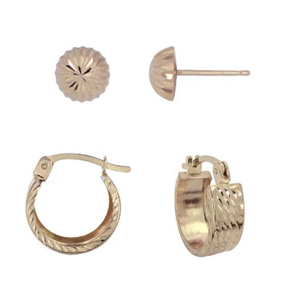 14K Yellow Gold Diamond Cut Hoop & Stud Earring Set