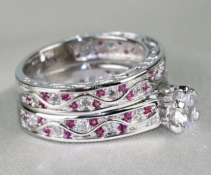 Heart 1Ct CZ Ruby 10KT White Gold Filled Claddagh Ring Sets Women'S Wedding Ring