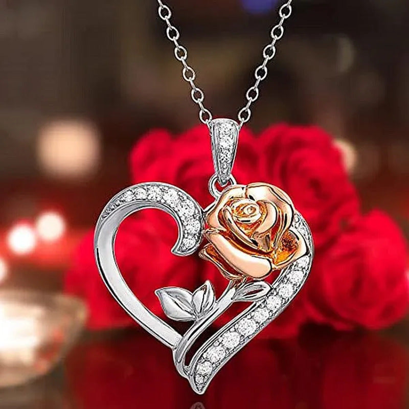 Exquisite Fashion Heart Rose Zircon Necklace Couple Heart Pendant Engagement Nec