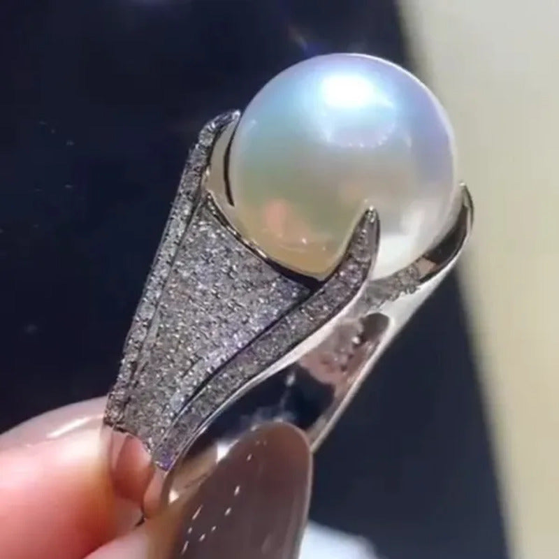 Luxury Noble 925 Solid Silver Micro Pave Diamond 4 Prong Setting Natural Pearl R