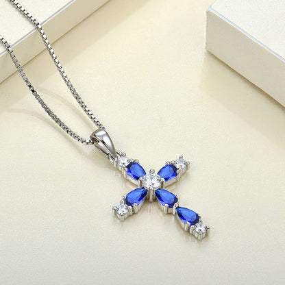 Gemstone Cross Necklace 925 Sterling Silver Created Sapphire/Ruby/Emerald/Amethy