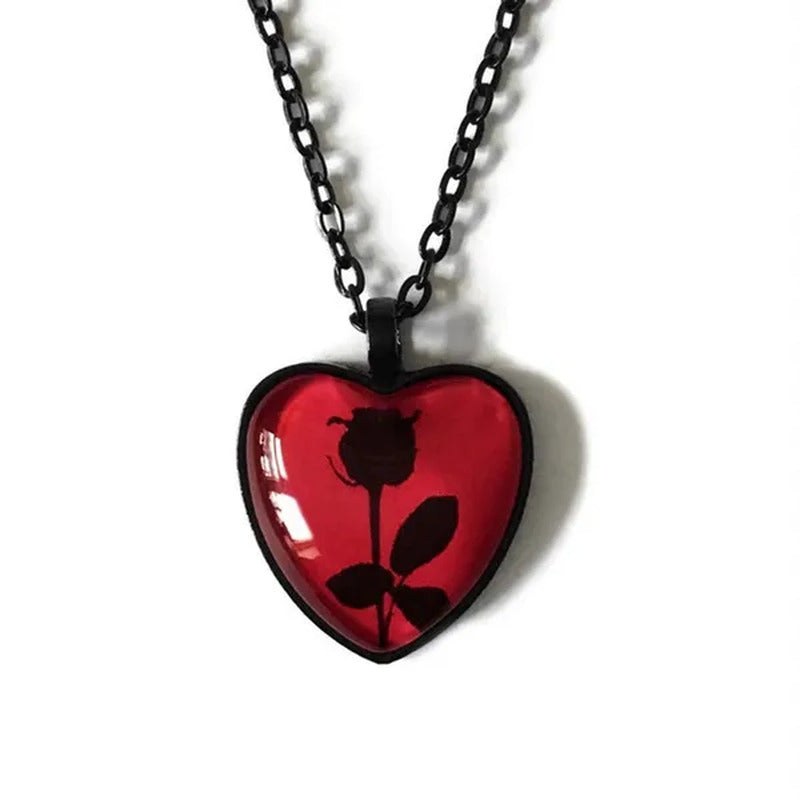 Black Rose Necklace, Red Heart Pendant, Glass Cameo Necklace, Gothic Victorian,