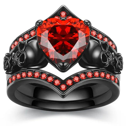 Gothic Black Rose Flower Skull Engagement s Set Red Purple Heart-Shaped Zircon C
