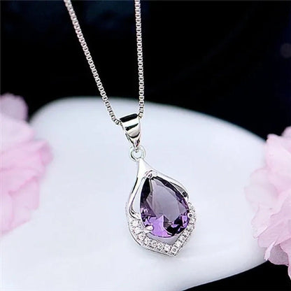 Fashion Copper Silver Plated Necklace Ladies Luxury Natural Crystal Inlaid Zirco