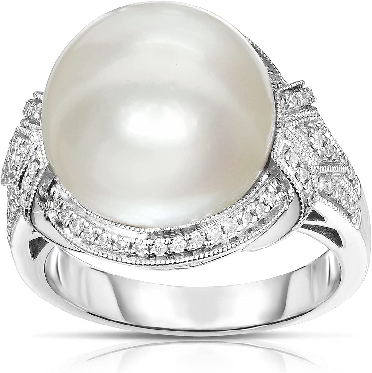 14K White Gold 13Mm South Sea Pearl Elegant Ring with 1/3Ct Diamonds