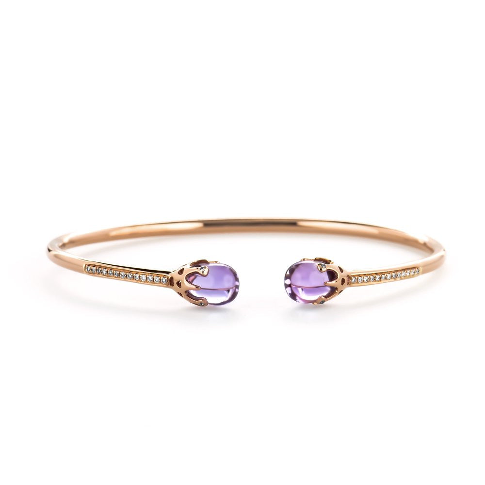 14K Rose Gold round Natural Diamond Gemstone Amethyst Bangle Cuff Bracelet for W