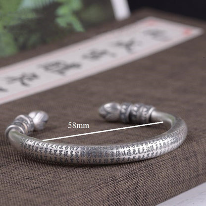 990 Sterling Silver Tibetan Six Words Mantra Bangle for Men and Women Buddhist H