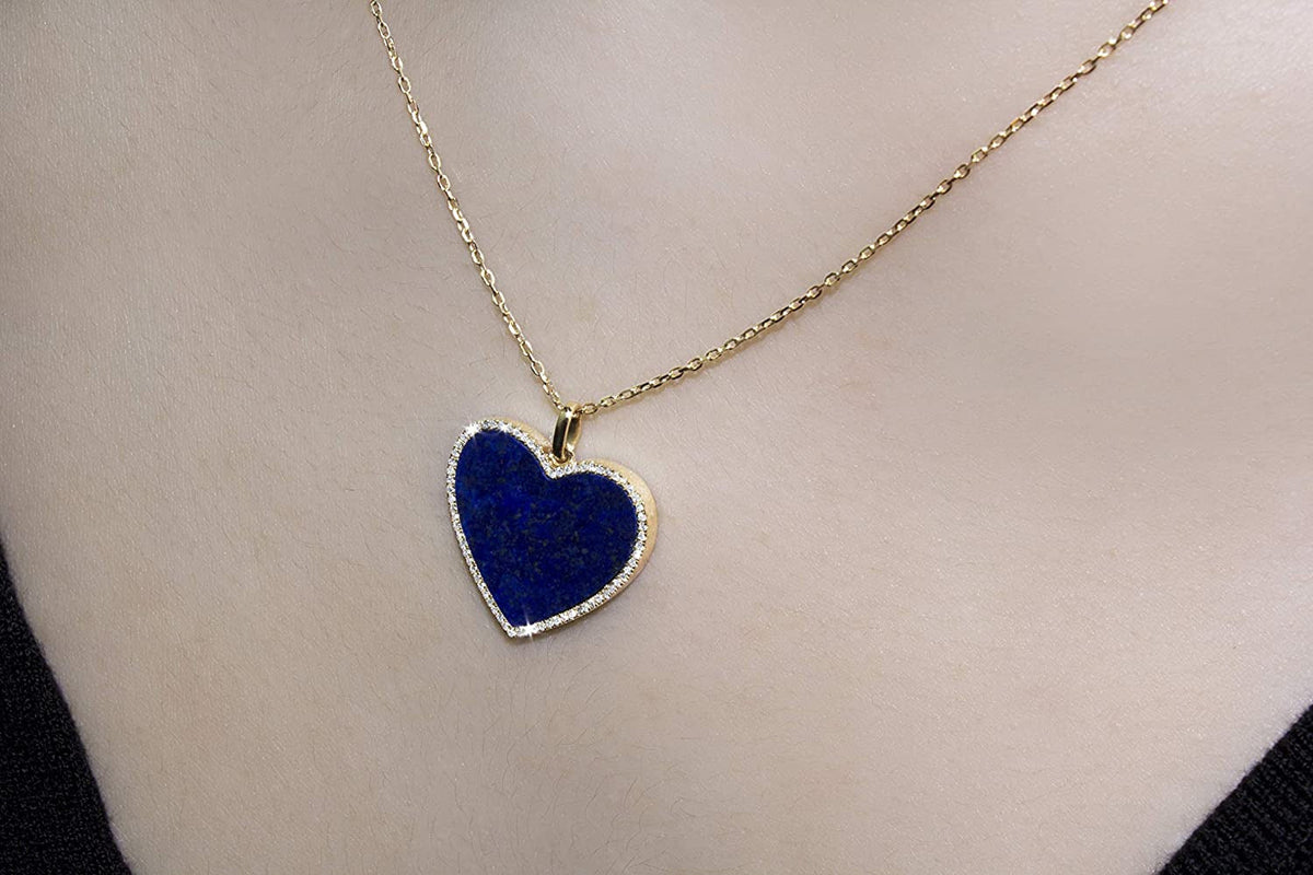 1/6 Carat Diamond and Turquoise or Blue Lapis Heart Pendant Necklace for Women i