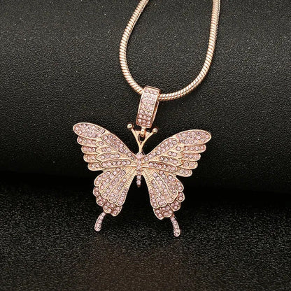 Colorful Butterfly Pendant Necklace Set with Diamond Alloy, Snake Chain, Hip Hop