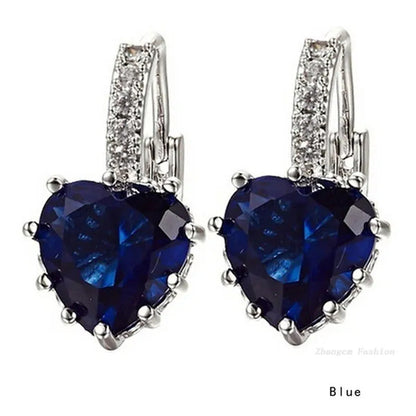 ZCM Womens Fashion Plated Earrings Sapphire Blue Crystal Heart Leverback Earring