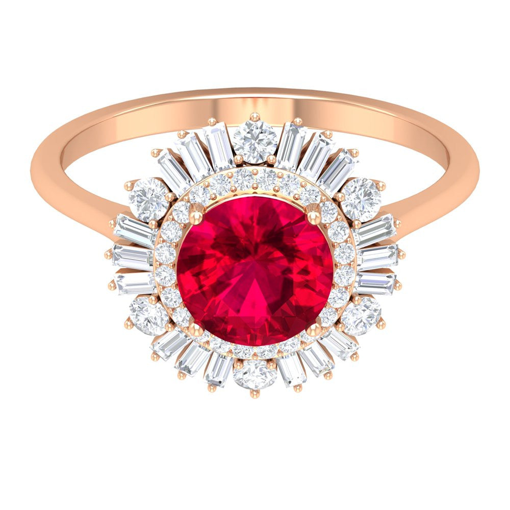 Lab Created Ruby and Moissanite Double Halo Cocktail Engagement Ring, Rose Gold,