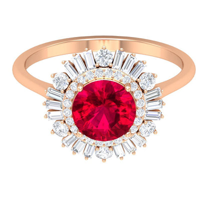 Lab Created Ruby and Moissanite Double Halo Cocktail Engagement Ring, Rose Gold,