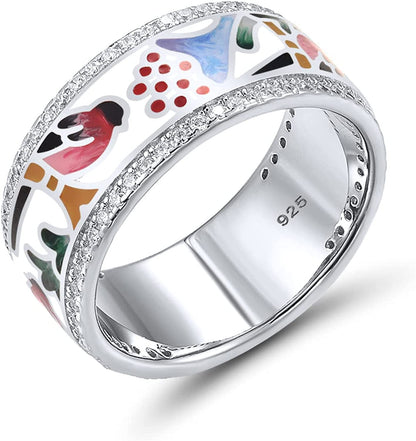 925 Sterling Silver Handmade Colorful Enamel Bird Patterrn Ring