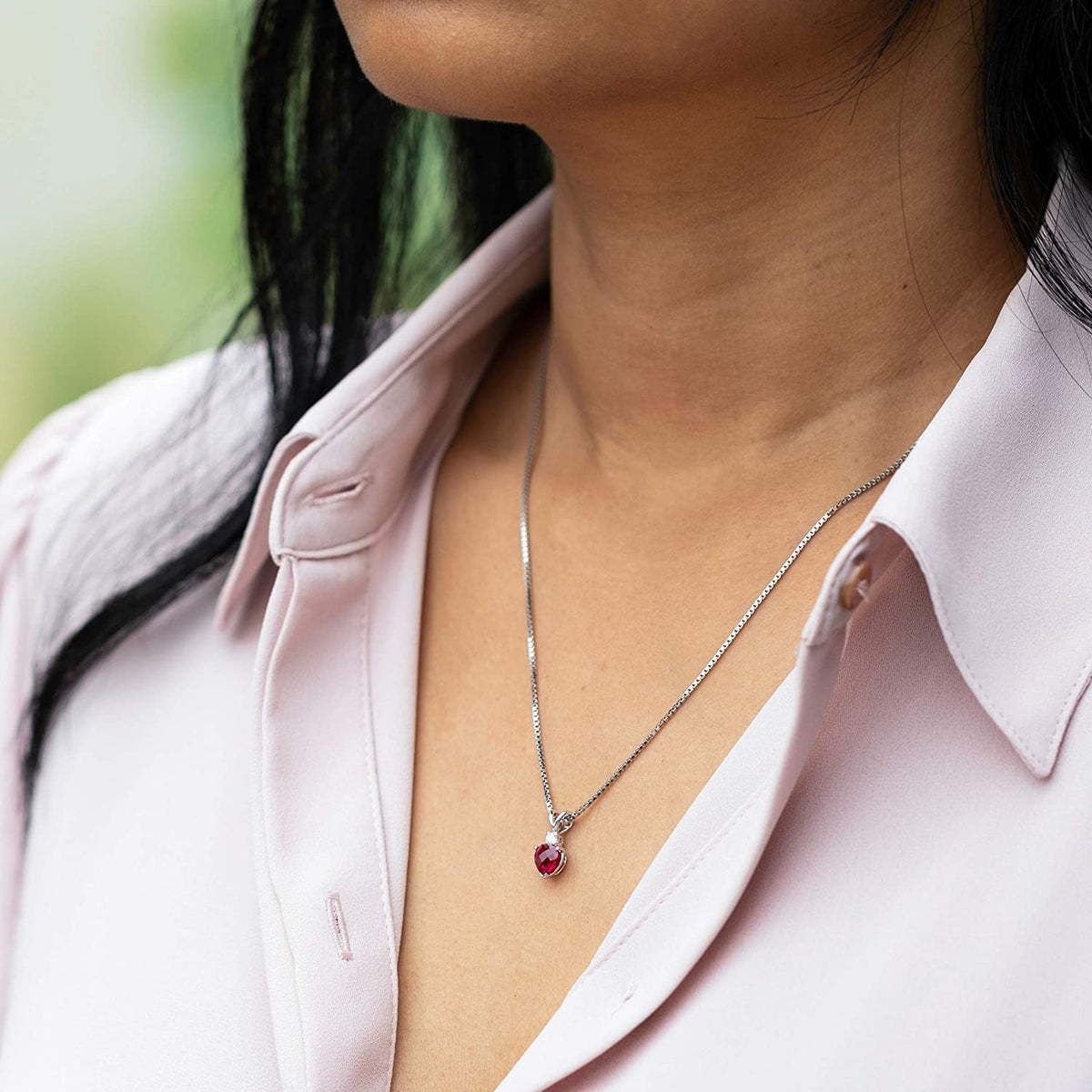 Created Ruby with Genuine Diamond Pendant in 14 Karat White Gold, Heart Shape So