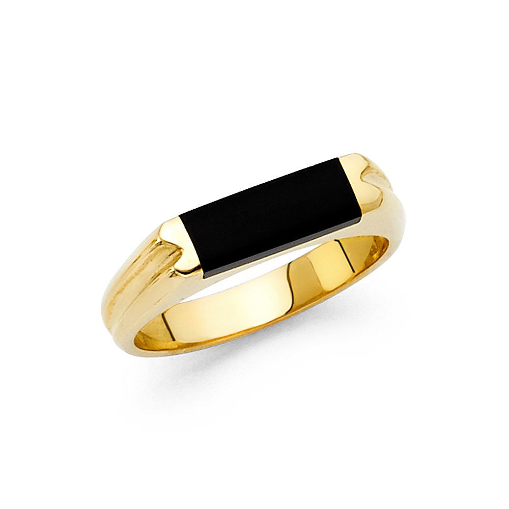 Solid 14K Yellow Gold Onyx Ring Mens Black Diamond Cut Band Stylish Square Desig