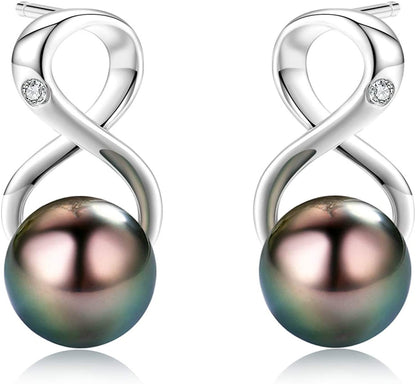 CHAULRI Infinity Earrings AAA Quality Genuine Tahitian Black Pearl 8-9Mm 18K Gol