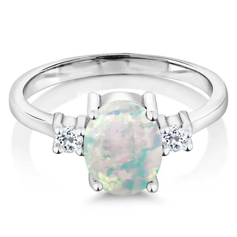 1.76 Ct Oval Cabochon White Simulated Opal White Topaz 925 Sterling Silver Ring