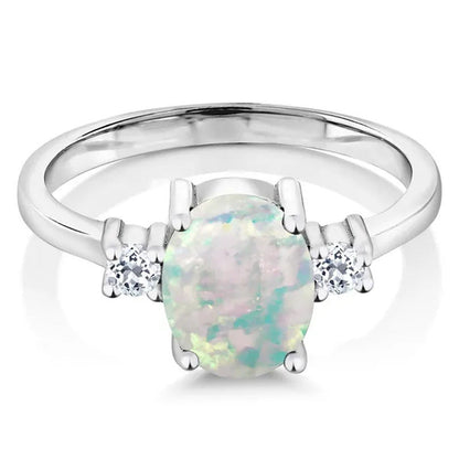 1.76 Ct Oval Cabochon White Simulated Opal White Topaz 925 Sterling Silver Ring