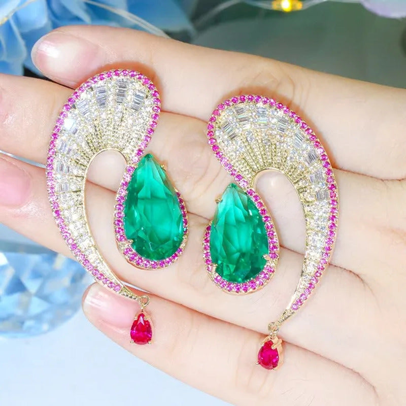 CANDICE Noble Micro Pave Tiny CZ Diamond Unique Leaf Shape Earrings with Emerald