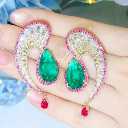 CANDICE Noble Micro Pave Tiny CZ Diamond Unique Leaf Shape Earrings with Emerald
