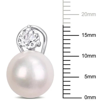 11-12 Mm White round Cultured Freshwater Pearl and White Topaz Clipback Earrings