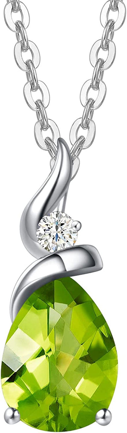 14K Solid White Gold Birthstone Pendant Necklace for Women with Diamond Pear Sha