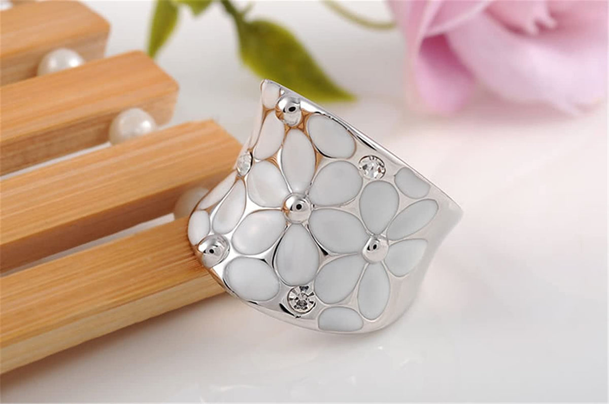Womens Elegant Enamel Flower White Gold Band Bloom Petal Platinum Wedding Engage
