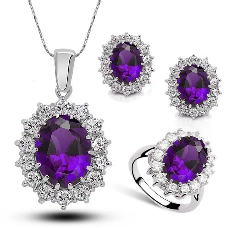 Fashion Natural 925 Silver Sapphire Ring Earring Necklace Set Ladies High-End Cr