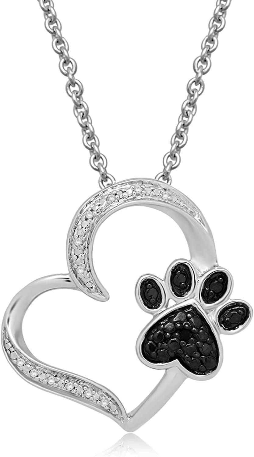 Heart with Dog Paw Necklace Pendant in Sterling Silver with Treated Black and Na