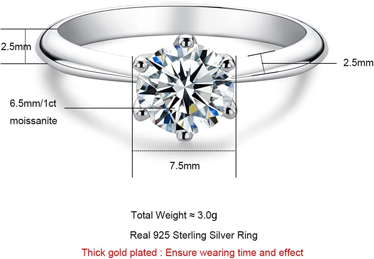 Anuclub 1/2/3/5CT Six Prong Solitaire Moissanite Ring, Thickened Gold Plated Sil