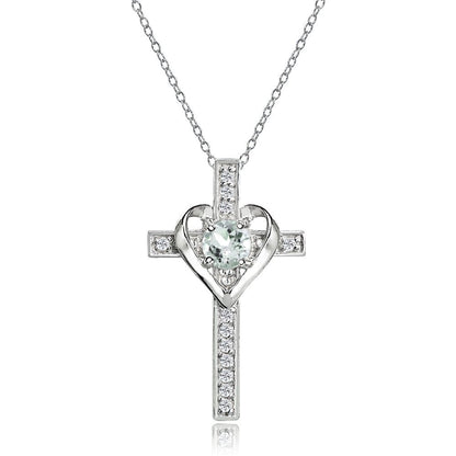 Sterling Silver Light Aquamarine and White Topaz Heart Cross Birthstone Pendant